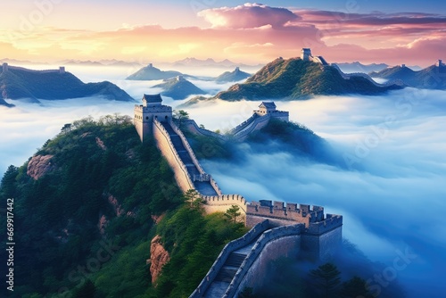 The Great Wall of China at sunrise,panoramic view, The Great Wall of China in the mist , lying long, surrealist view from drone photography, 8k , AI Generated photo