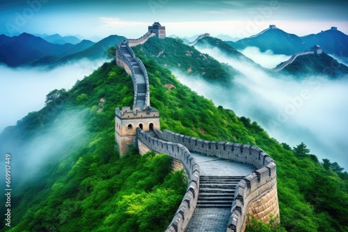 Majestic Great Wall of China over the misty morning landscape, The Great Wall of China in the mist , lying long, surrealist view from drone photography, 8k , AI Generated