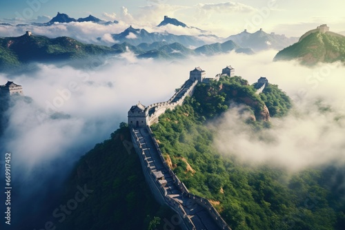 The Great Wall of China in the morning with fog and clouds, The Great Wall of China in the mist , lying long, surrealist view from drone photography, 8k , AI Generated
