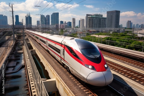 Modern high-speed train on the background of modern skyscrapers, The high-speed train in Bangkok, Thailand, AI Generated