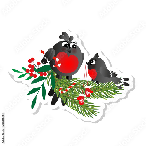 Sticker with cute, funny family of bullfinches.