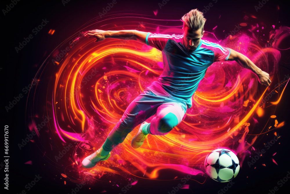 European football player and stadium. Sport concept. Soccer player run a game and kick ball European football player and stadium. Sport concept. Soccer player run a game and kick ball