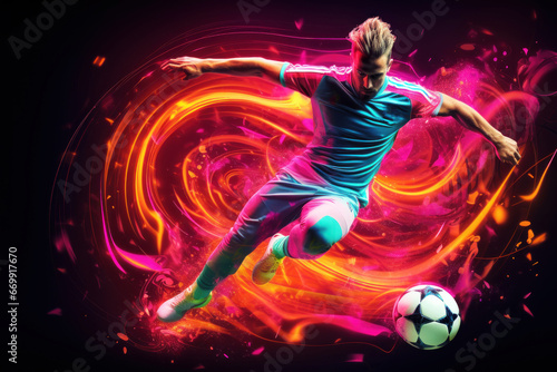 European football player and stadium. Sport concept. Soccer player run a game and kick ball