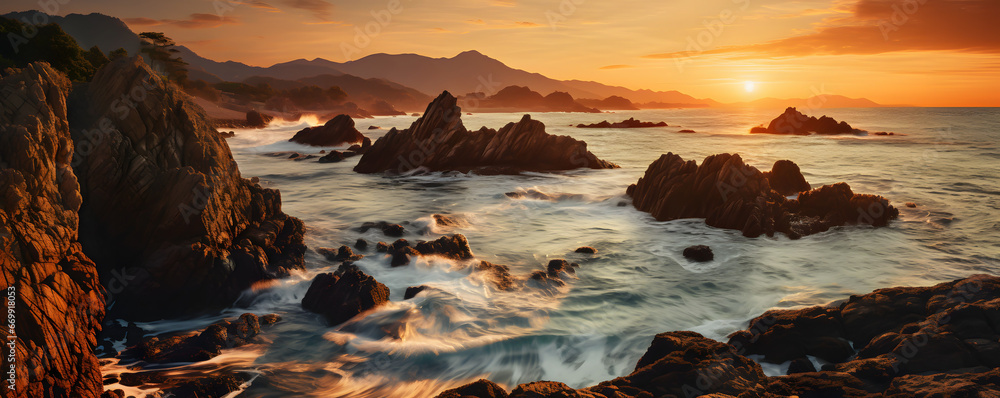 The beauty of a rugged coastline at sunset. Dreamlike atmosphere. The coastline should have rocky cliffs and crashing waves, with the sun setting in the distance, and warm golden light.