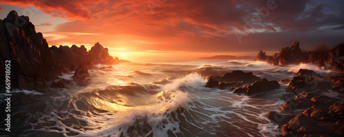 The beauty of a rugged coastline at sunset. Dreamlike atmosphere. The coastline should have rocky cliffs and crashing waves, with the sun setting in the distance, and warm golden light.