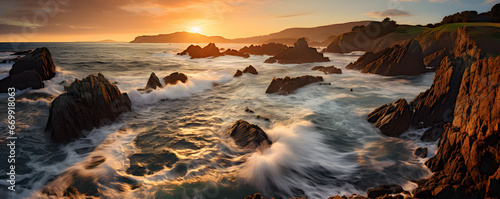 The beauty of a rugged coastline at sunset. Dreamlike atmosphere. The coastline should have rocky cliffs and crashing waves, with the sun setting in the distance, and warm golden light.