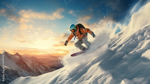 Snowboarder jumping on the mountains. extreme sport for young adult