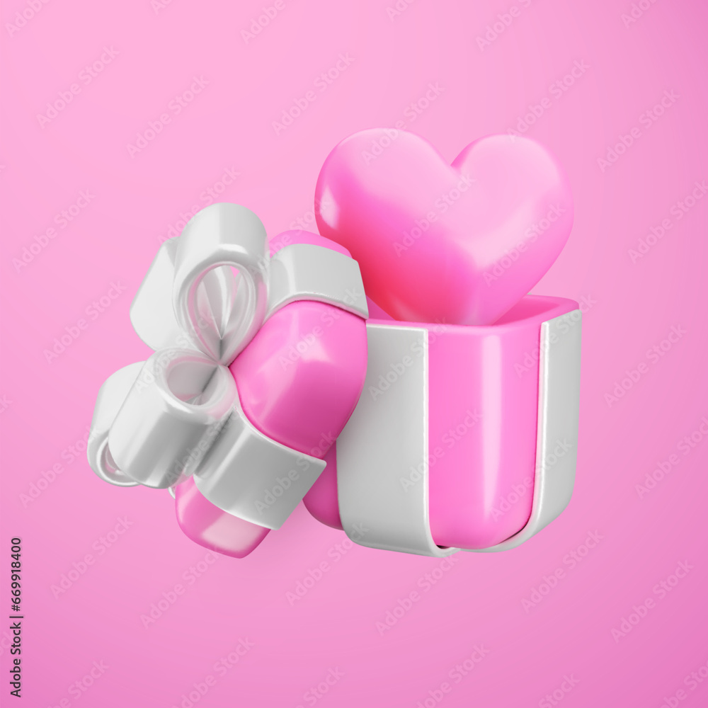 Vector 3d Valentines love gift box concept. Cute pink open present with silver ribbon, bow and heart balloon inside. Realistic 3d render glossy surprise illustration for Valentines day, Mothers Day.