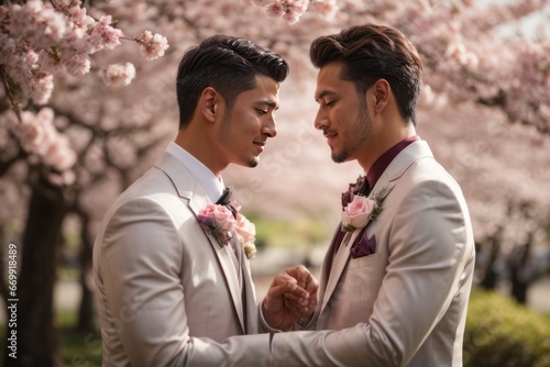 Close up portrait of a happy smiling gay couple at a wedding near a blooming pink sakura © liliyabatyrova