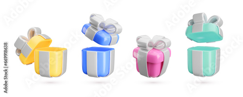 Vector cartoon 3d gift box set. Festive empty open and closed surprise boxes collection. Cute realistic holiday pink, yellow, blue and green present. Minimal 3d render flying gift illustrations.