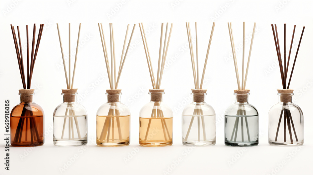 Set of different reed diffusers - obrazy, fototapety, plakaty 