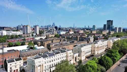 London, England: Aerial view of capital city of UK, Borough of Camden on sunny summer day with clear blue sky - landscape panorama of United Kingdom from above photo
