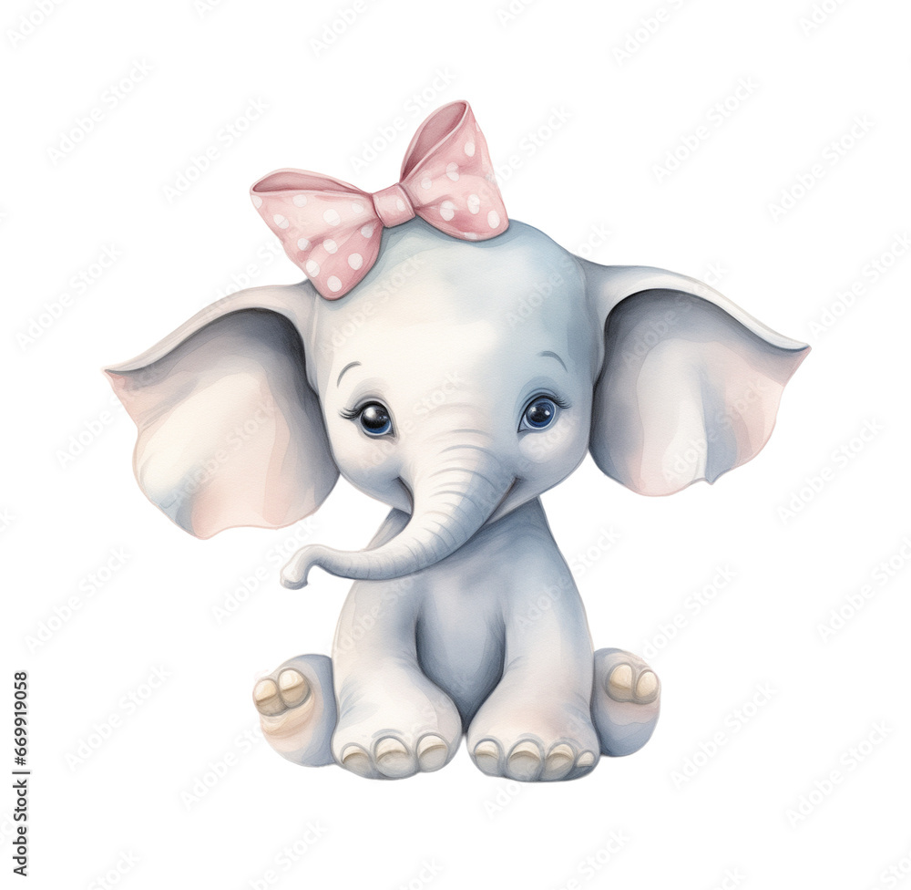 Watercolor baby elephant with a bow. Generative AI, png image. Watercolor baby elephant with a bow. Generative AI, png image.
