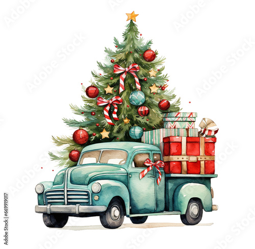 Watercolor Christmas truck with gifts. Generative AI  png image.