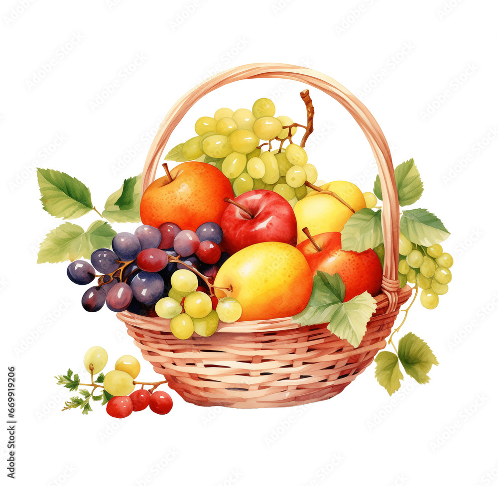 Watercolor fruit basket. Generative AI, png image. Watercolor fruit basket. Generative AI, png image.