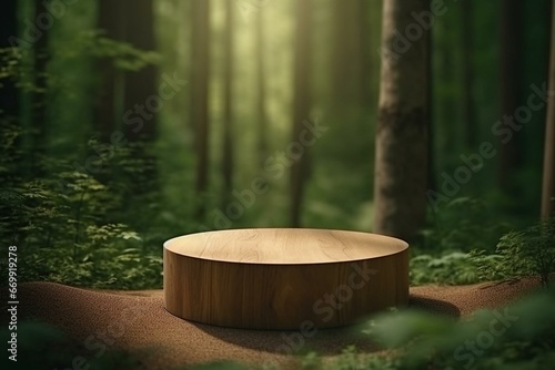 Round wooden pedestal in green forest, empty product podium in natural environment, with green trees and mystical mood. Generative AI © Thisbe