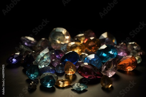 Shimmering gems fall on a dark backdrop. Generative AI