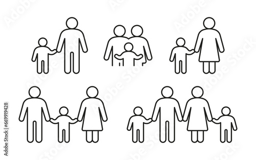 Family with child, line icon set. Kid with father and mother, parents. Happy family. Vector illustration