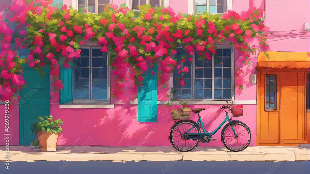 A cycle in front of a pink wall with bougainvillea flowering plant on top of it.