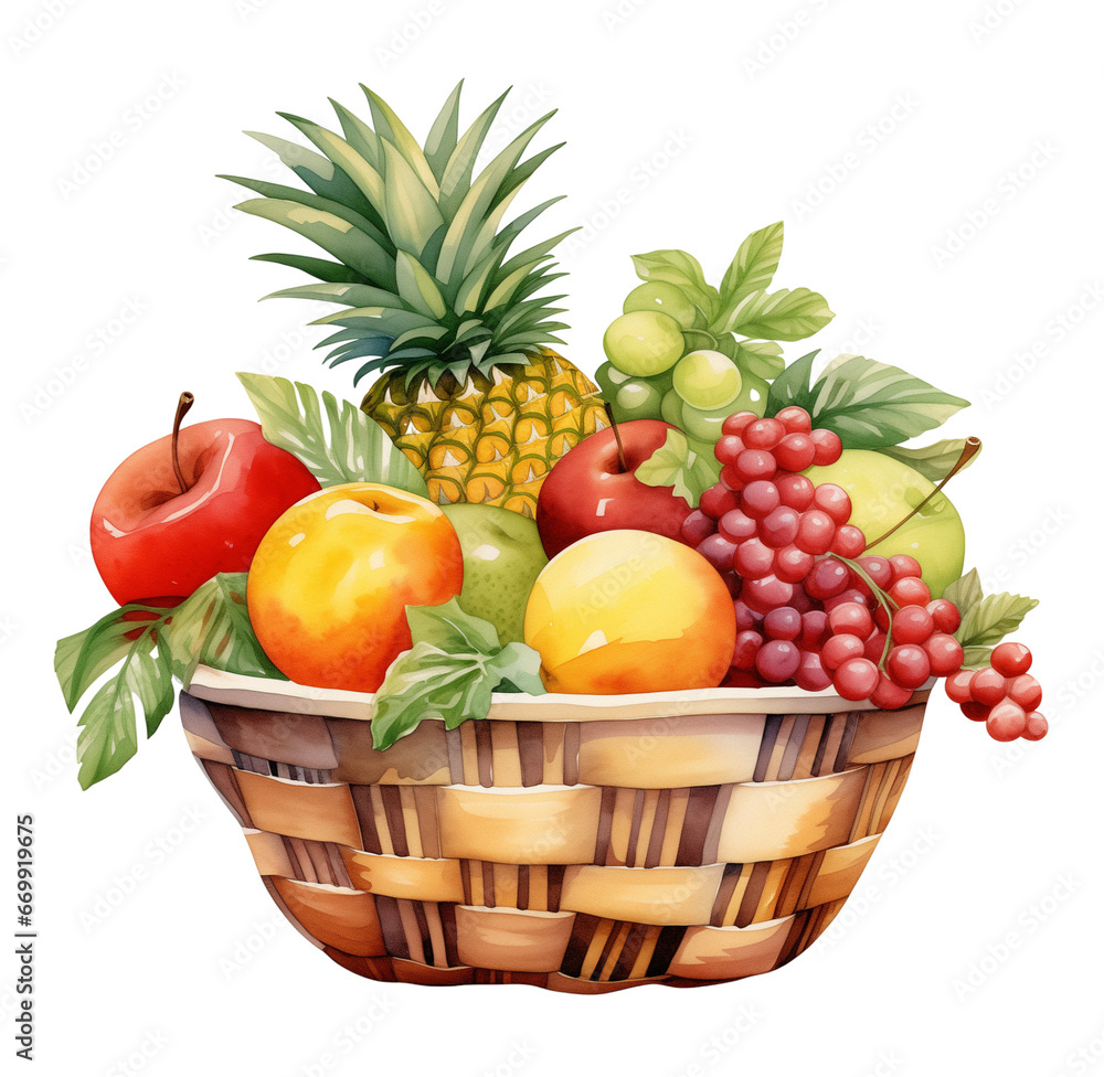 Watercolor fruit basket. Generative AI, png image. Watercolor fruit basket. Generative AI, png image.