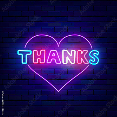 Thanks neon label. Heart shape purple frame. Greeting card with gratitude. Glowing banner. Vector stock illustration