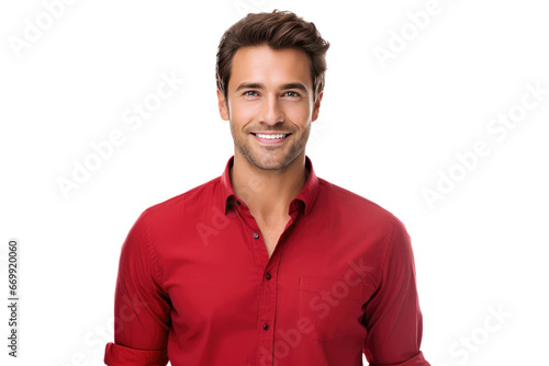 Modern Handsome Male Model in Red Tee Isolated on Transparent Background