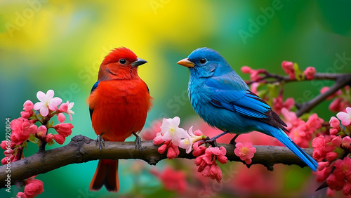 red cardinal on a branch, pair of bird, beautiful birds, red birds, loving birds, Generative AI © Shinn