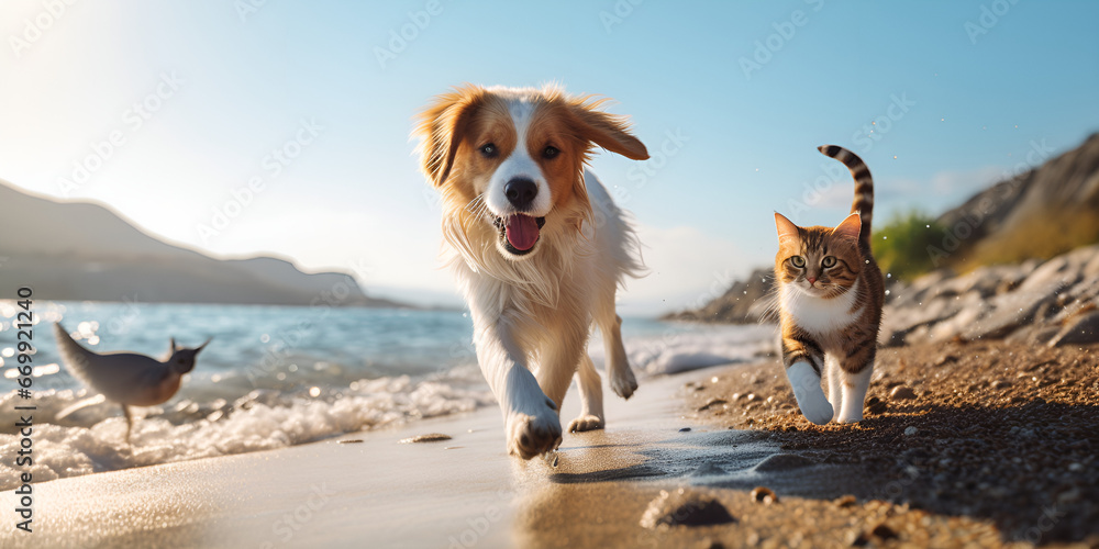 dog and cat friendship, puppy sit play on sunset in sea water on beach wild field AI Generative - obrazy, fototapety, plakaty 
