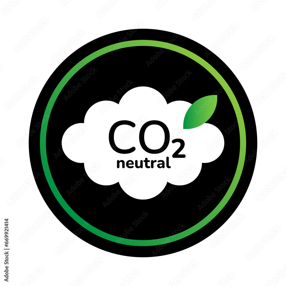 CO2 neutral sticker design. Zero carbon footprint, CO2 neutrality, carbon gas emissions reduction certificate sign. White cloud with CO2 neutral label on dark black background vector illustration. CO2 neutral sticker design. Zero carbon footprint, CO2 neutrality, carbon gas emissions reduction certificate sign. White cloud with CO2 neutral label on dark black background vector illustration.