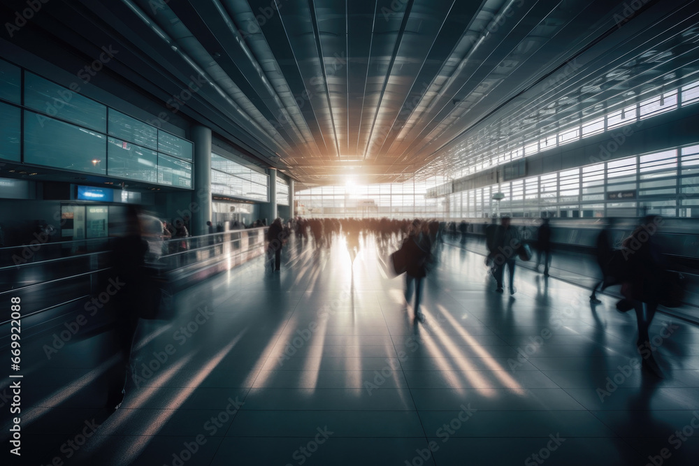Bustling airport or train terminal illuminated by sunrise