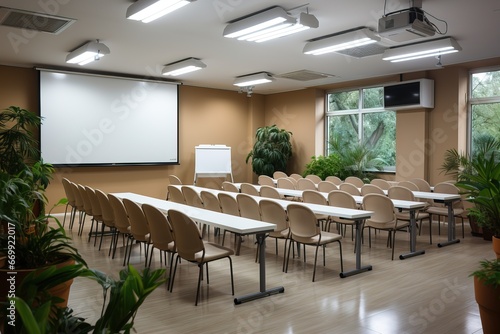 The conference room is empty and the screen and chairs are Scandinavian style