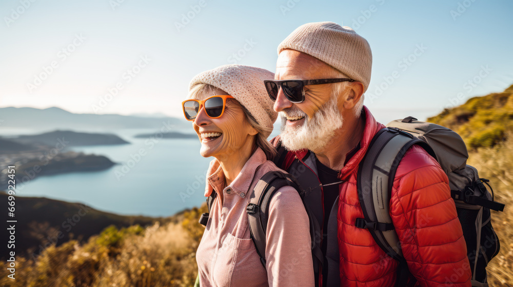 Active senior Caucasian couple hiking in mountains enjoying their adventure as well as vacationing