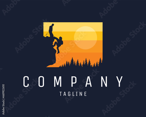 vector logo of two mountain climbers. isolated with a stunning sunset view. best for badge, emblem, icon, sticker design. available in eps 10