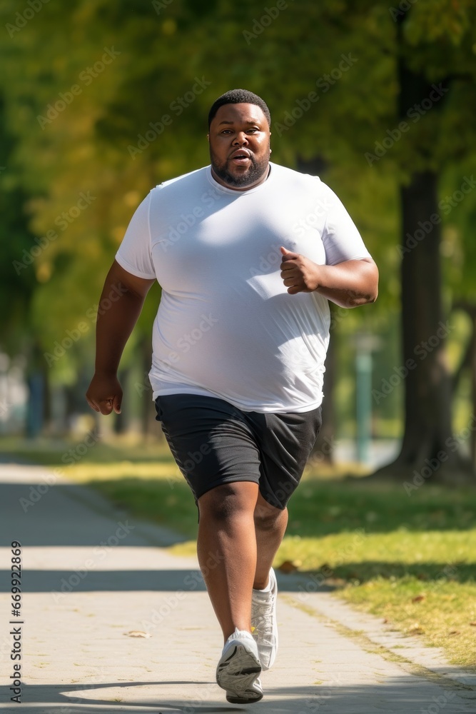 Keeping fit and fat burning concept. Middle aged African American man in white shirt jogging through the empty city park. Your motivation and your results. Keeping fit and fat burning concept. Middle aged African American man in white shirt jogging through the empty city park. Your motivation and your results.