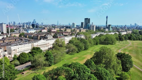 London, England: Aerial view of capital city of UK, The Regent's Park in Camden on sunny summer day with clear blue sky - landscape panorama of United Kingdom from above photo