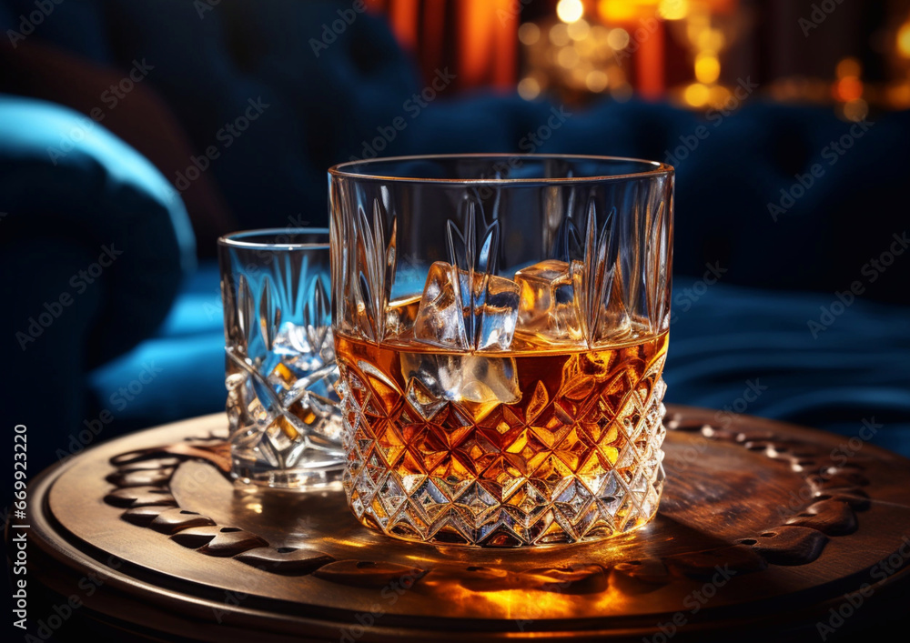 Crystal glass of luxury whiskey with ice on table in restaurant lounge.Macro.AI Generative Crystal glass of luxury whiskey with ice on table in restaurant lounge.Macro.AI Generative