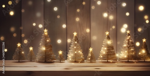 Row of mini Christmas Trees with Gold and yellow Bokeh lights  blurry  glitter Landscape background with copy space  New year holiday theme  Merry Christmas vibe  wood planks 