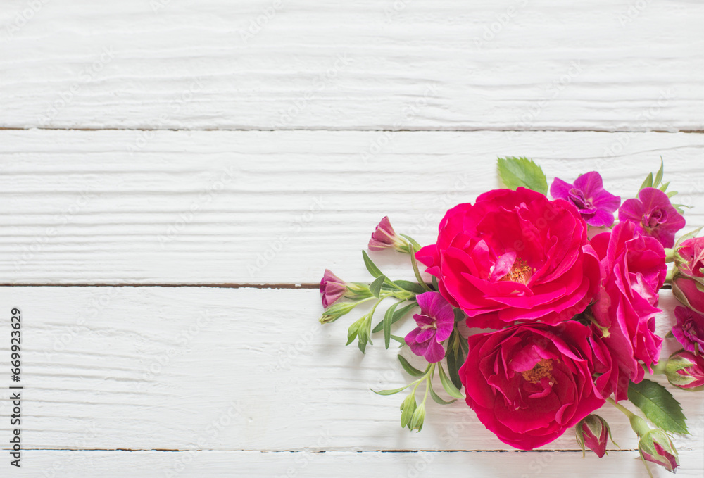 pink and red roses on white wooden background pink and red roses on white wooden background