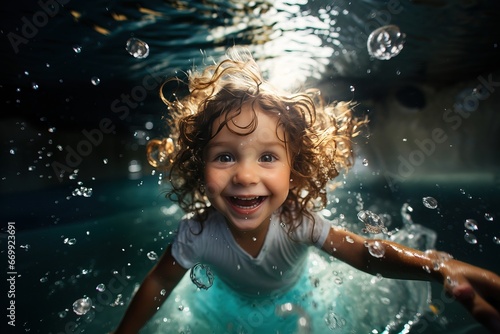 A child swims a pool under water