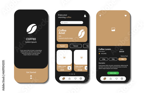 Application to buy coffee beans. Collection of online coffee shop interface templates. Responsive GUI for mobile applications
