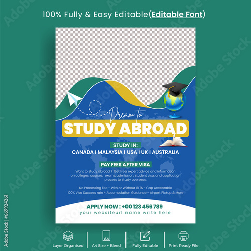 Editable Study abroad print flyer or educational admission flyer, poster template, online learning course flyer, student visa agency poster, university admission flyer,Travel tourism flyer design