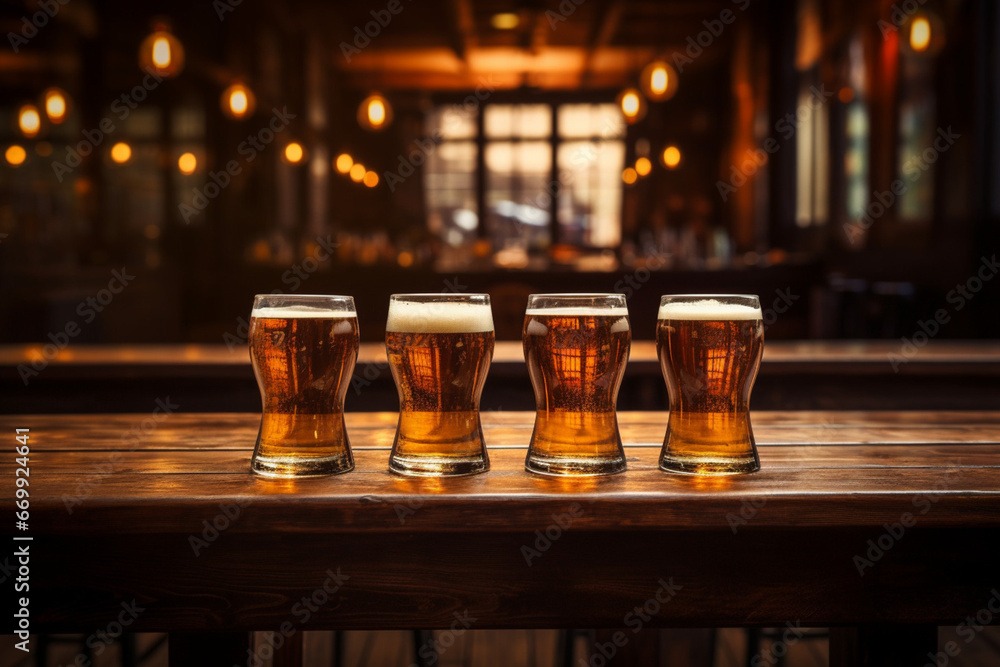 four glasses of beer on a wooden table in a pub or restaurant - obrazy, fototapety, plakaty 