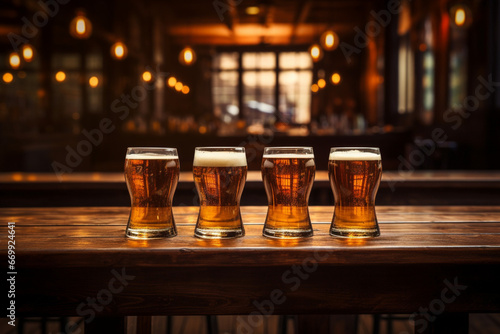 four glasses of beer on a wooden table in a pub or restaurant