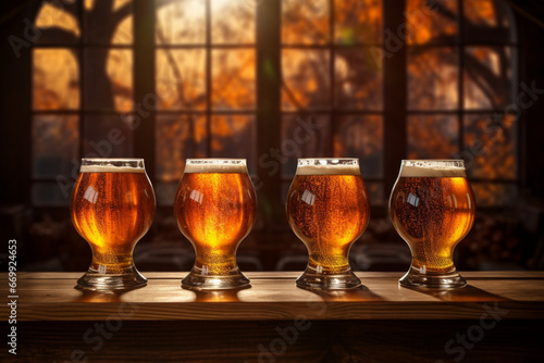 four glasses of beer on a wooden table in a pub or restaurant