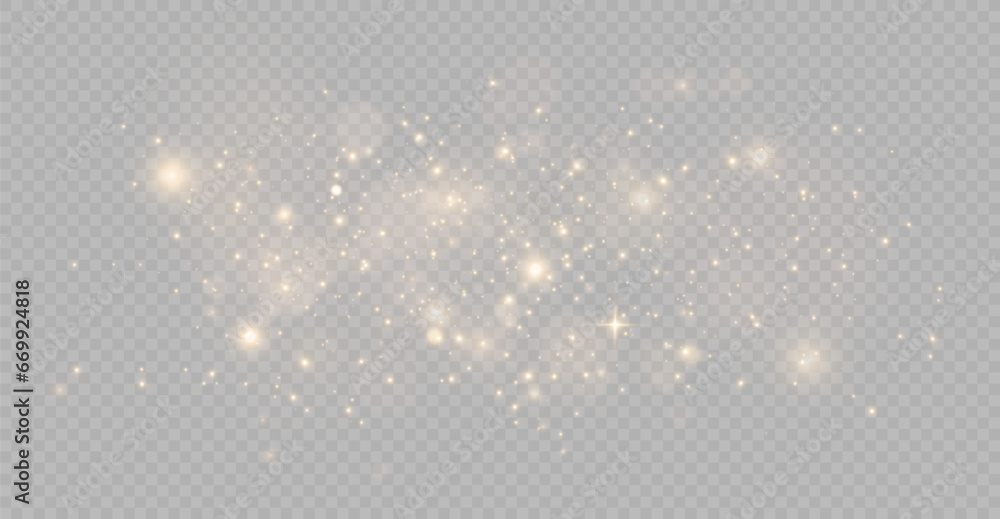 The light of gold dust. bokeh light effect background. Christmas glowing dust background. Yellow flickering glow with confetti bokeh light and particle motion. The dust sparks and golden stars shine.  - obrazy, fototapety, plakaty 