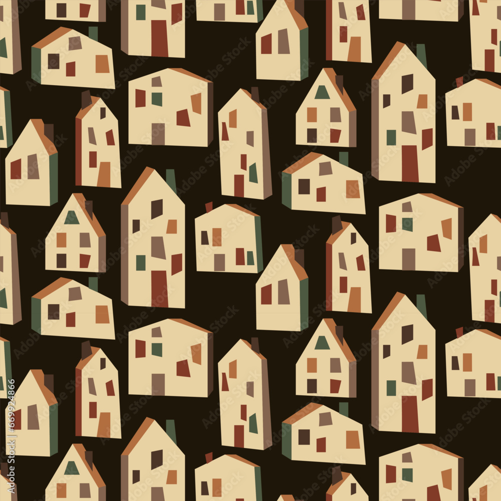 Seamless pattern with light houses. It can be used for fabric, wrapping paper, scrapbooking, textiles, posters, banners and other decoration. Houses on a dark background