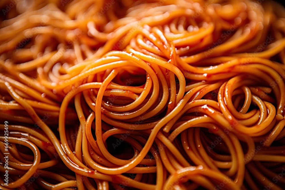 Spaghetti in tomato sauce close-up. Italian Cuisine. Generated by artificial intelligence