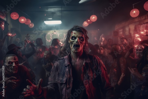 A playful portrayal of a zombie-themed event with a Halloween aesthetic. Ideal for promoting Halloween attractions and horror-themed experiences. Generative Ai