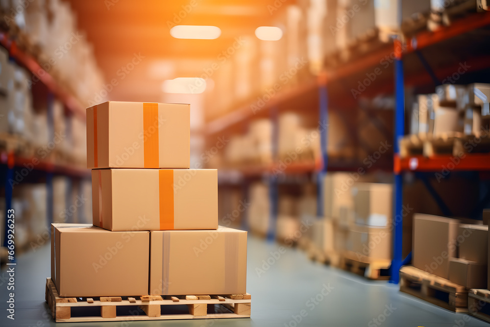 Cardboard boxes with wares in industrial warehouse for distribution Cardboard boxes with wares in industrial warehouse for distribution