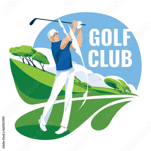 A golfer in a sports uniform is practicing on a green grass field. Advertisement of matches, competitions, sports clubs. Vector flat illustration